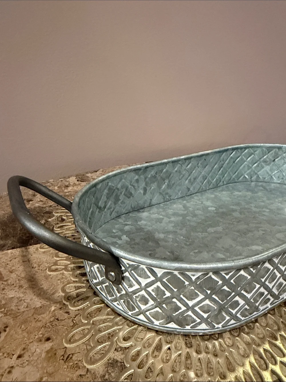 Galvanized Metal Oval Serving Tray with Handles